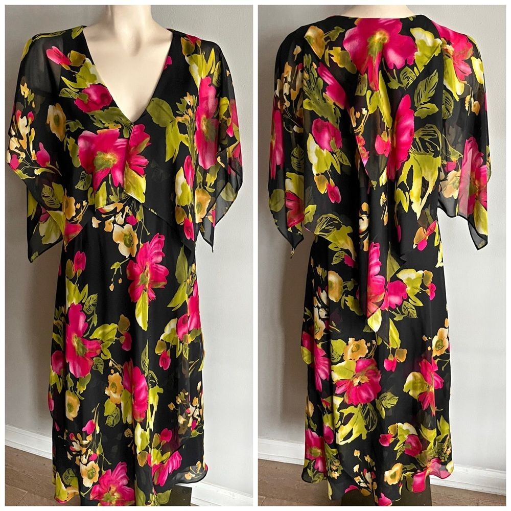 Vicky Tiel Black Floral Chiffon Midi Dress Flutter Sleeve Wedding Guest M